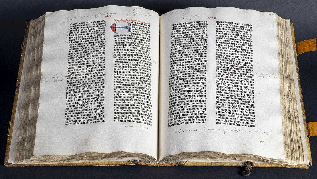 The photo shows The Immenhausen Gutenberg Bible