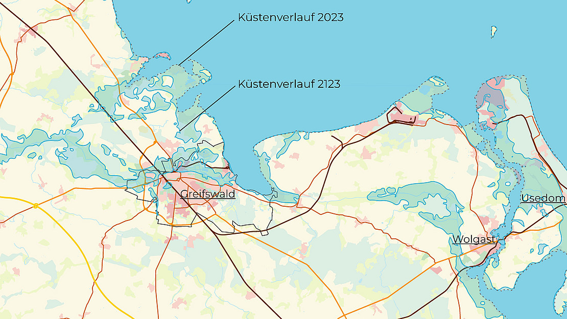 Die Grafik zeigt große Teile der Ostseeküste, die in hundert Jahren voraussichtlich unter Wasser stehen werden