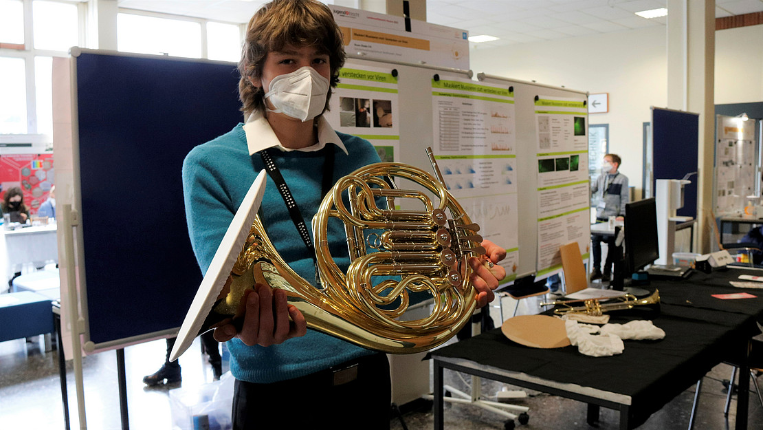 Impression from last year: A student has developed a Corona filter for wind instruments.