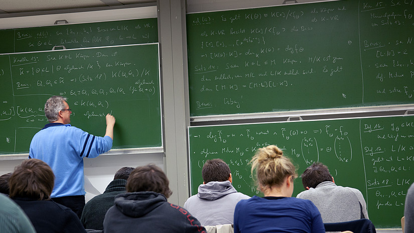 Imagebild: Lehr- und Arbeitssituation. Studierende sitzen in einem Seminarraum, der Dozent schreibt etwas an die Tafel.