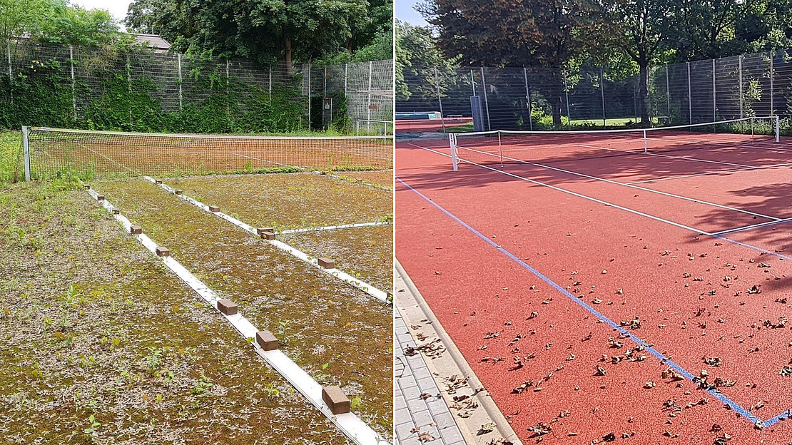 Das Foto zeigt den  Multifunktionsplatz vor und nach der Sanierung